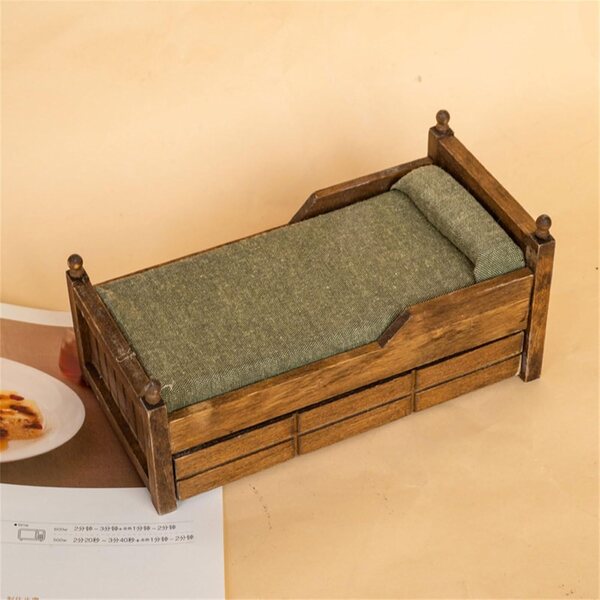 1:12 Miniaturbett aus Holz für Puppenhaus mit abnehmbarem Kissen und Sicherheitskanten