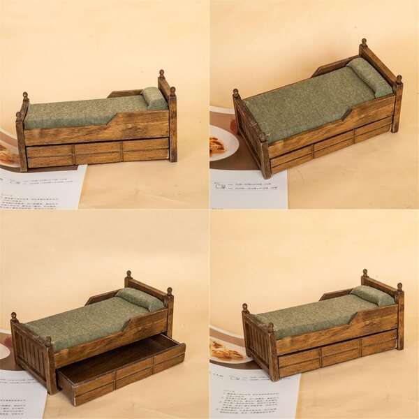 1:12 Miniaturbett aus Holz für Puppenhaus mit abnehmbarem Kissen und Sicherheitskanten