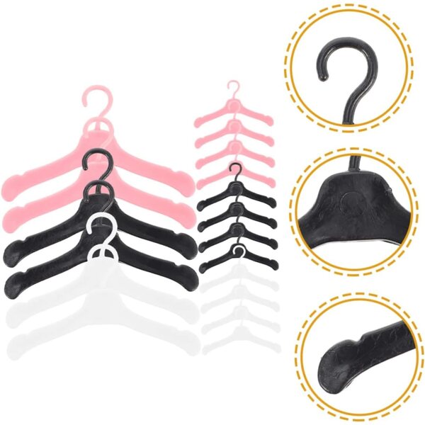 Set 60 Mini Grucce per Bambole in Plastica Resistente Nere e Rosa 5,5x3 cm