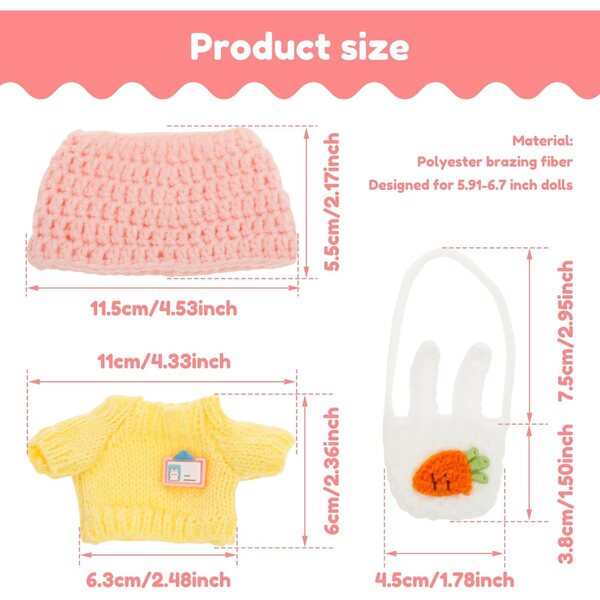 Häkelkleidungsset für 15–17 cm große Puppen mit Pullover, Mütze und Tasche