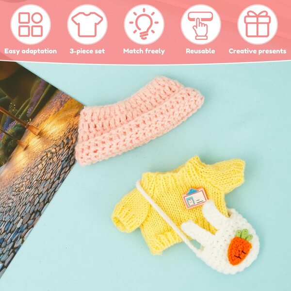 Häkelkleidungsset für 15–17 cm große Puppen mit Pullover, Mütze und Tasche