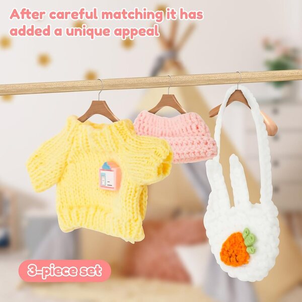 Häkelkleidungsset für 15–17 cm große Puppen mit Pullover, Mütze und Tasche