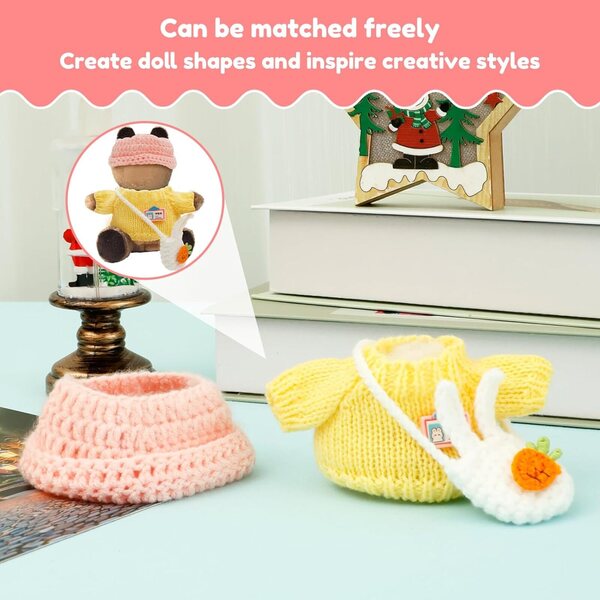 Häkelkleidungsset für 15–17 cm große Puppen mit Pullover, Mütze und Tasche