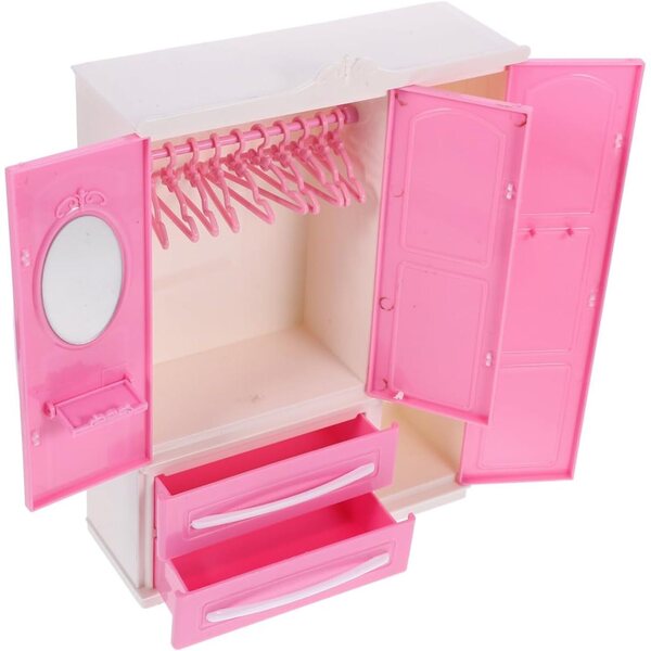 Set Miniature Armadio con 20 Mini Grucce in Metallo Rosa per Casa delle Bambole