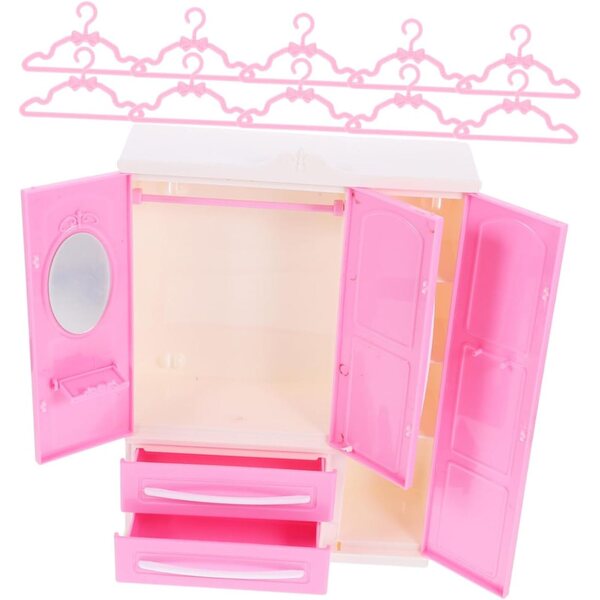 Mini Armadio Rosa con 20 Mini Gruccie per Casa delle Bambole 24,5x18,5x6,5 cm