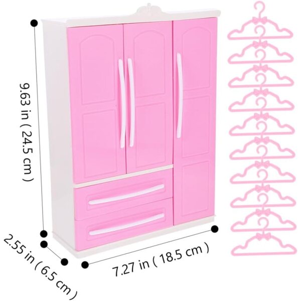 Mini Armadio Rosa con 20 Mini Gruccie per Casa delle Bambole 24,5x18,5x6,5 cm