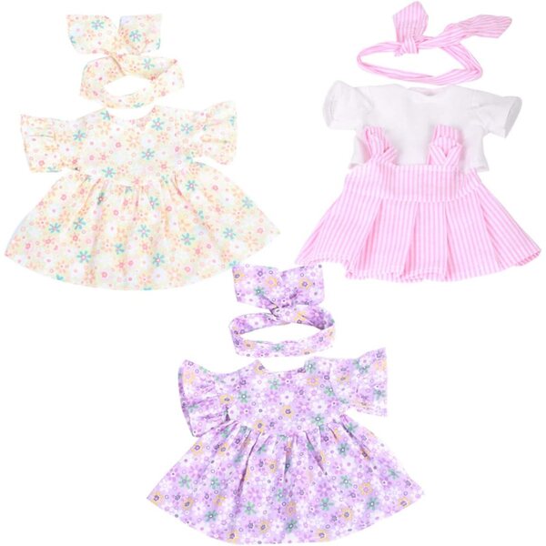 Set 3 Vestiti per Bambole in Tessuto Rosa, Giallo e Viola per Giochi di Vestizione