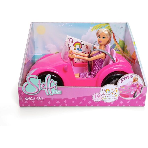 Simba Steffi Love Beach Car con passeggino da spiaggia e adesivi, 29 cm per bambole