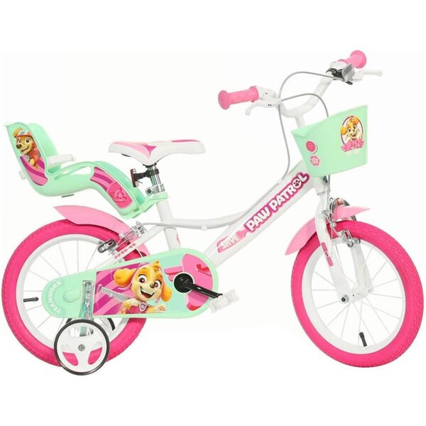 Rosafarbenes 14-Zoll-Mädchenfahrrad „Paw Patrol“ mit Korb, Klingel und Puppenhalter