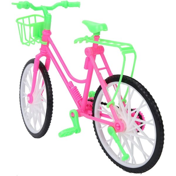 Spielzeugfahrrad aus Kunststoff mit Korb für Puppen – süßes Dekomodell