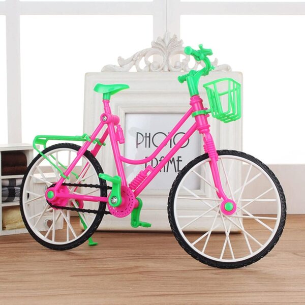 Spielzeugfahrrad aus Kunststoff mit Korb für Puppen – süßes Dekomodell