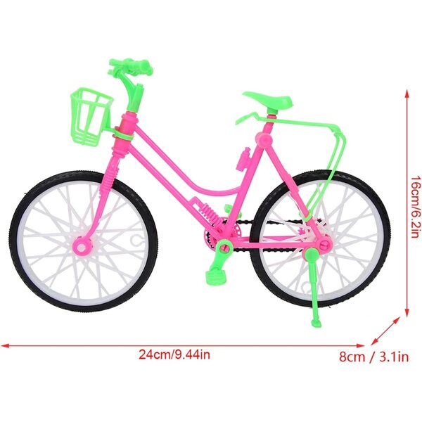 Spielzeugfahrrad aus Kunststoff mit Korb für Puppen – süßes Dekomodell