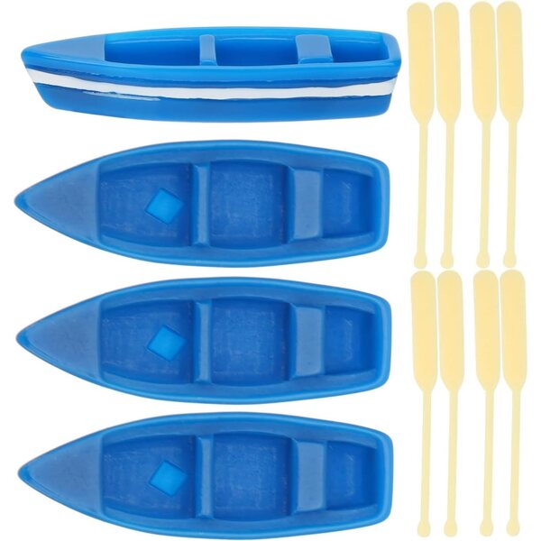 Set 4 Mini Barche in Resina Blu con Pagai in Legno Decorazioni Nautiche