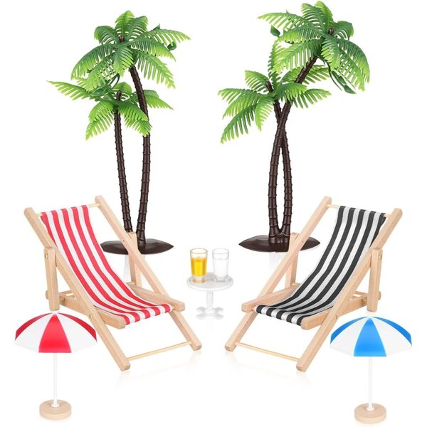 HEMOTON Miniatur-Strand-Deko-Set mit Stühlen, Sonnenschirmen, Palmen und Teetisch