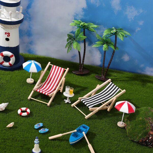 HEMOTON Miniatur-Strand-Deko-Set mit Stühlen, Sonnenschirmen, Palmen und Teetisch