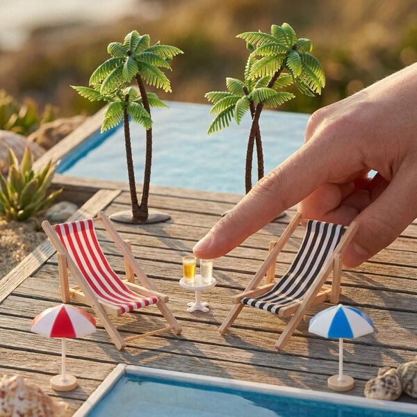 HEMOTON Miniatur-Strand-Deko-Set mit Stühlen, Sonnenschirmen, Palmen und Teetisch