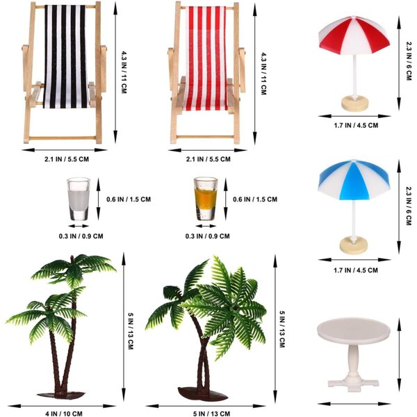 HEMOTON Miniatur-Strand-Deko-Set mit Stühlen, Sonnenschirmen, Palmen und Teetisch