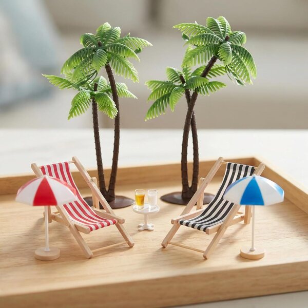HEMOTON Miniatur-Strand-Deko-Set mit Stühlen, Sonnenschirmen, Palmen und Teetisch