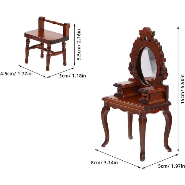 Gatuida Mini Toeletta Vintage con Specchio e Sgabello in Legno per Case delle Bambole