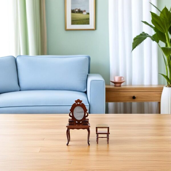 Gatuida Mini Toeletta Vintage con Specchio e Sgabello in Legno per Case delle Bambole