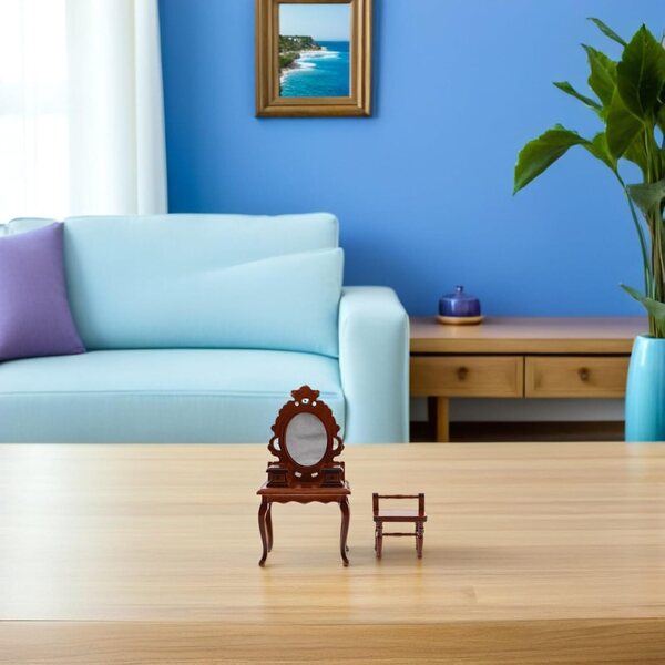 Gatuida Mini Toeletta Vintage con Specchio e Sgabello in Legno per Case delle Bambole