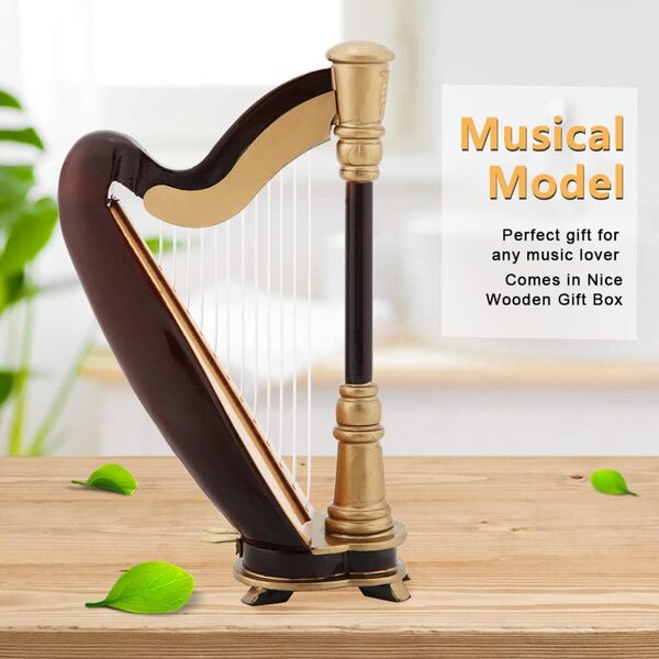 Acouto Arpa a Lira in Miniatura in Legno con Supporto, Decorazione Musicale Elegante 14cm