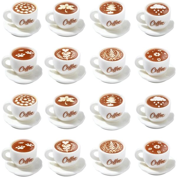 Stiesy Set 64 weiße Miniaturteller und Kaffeetassen mit Latte Art, 9 Stile
