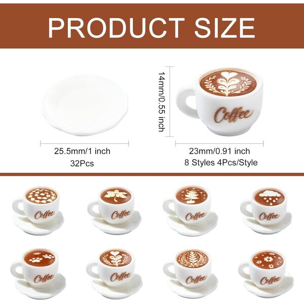 Stiesy Set 64 miniature piatti e tazze da caffè bianchi con latte art, 9 stili