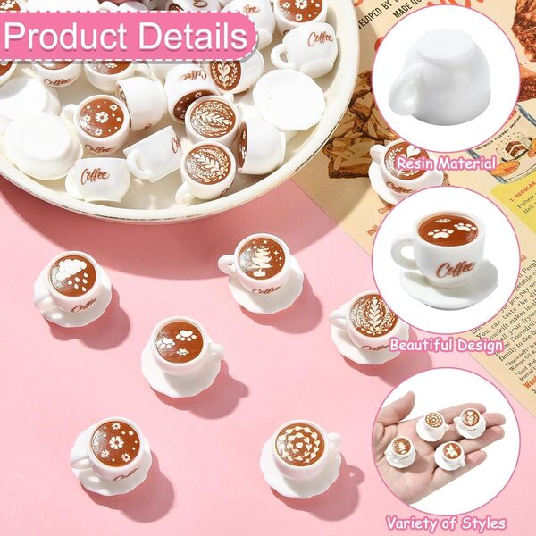 Stiesy Set 64 miniature piatti e tazze da caffè bianchi con latte art, 9 stili