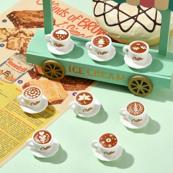 Stiesy Set 64 miniature piatti e tazze da caffè bianchi con latte art, 9 stili