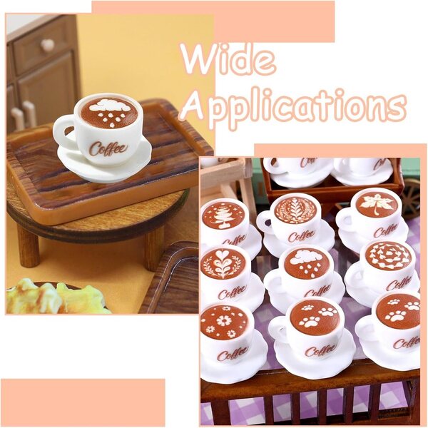 Stiesy Set 64 miniature piatti e tazze da caffè bianchi con latte art, 9 stili
