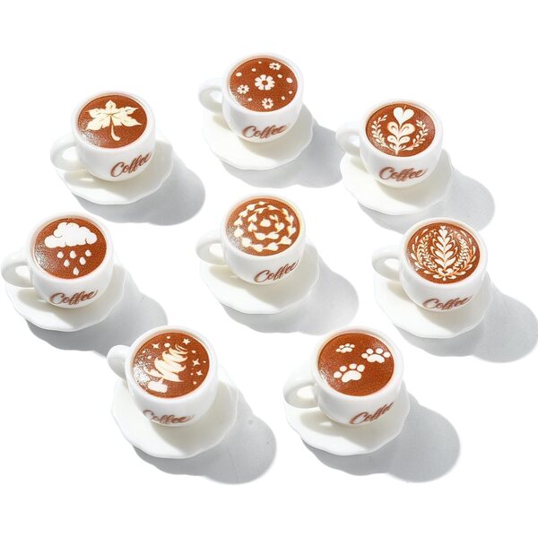 Stiesy Set 64 miniature piatti e tazze da caffè bianchi con latte art, 9 stili