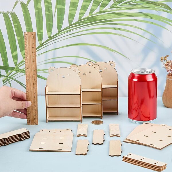 FINGERINSPIRE Libreria Miniatura in Legno a Forma di Orso 8 Set con 3 Ripiani