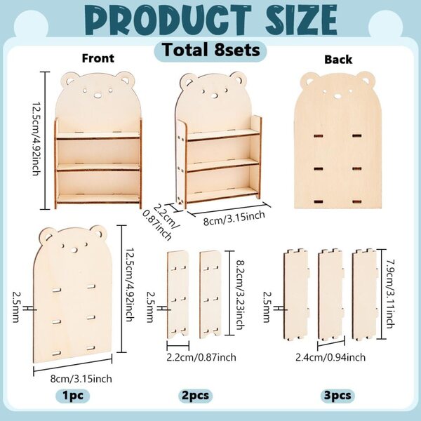 FINGERINSPIRE Libreria Miniatura in Legno a Forma di Orso 8 Set con 3 Ripiani