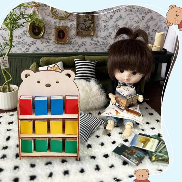 FINGERINSPIRE Libreria Miniatura in Legno a Forma di Orso 8 Set con 3 Ripiani