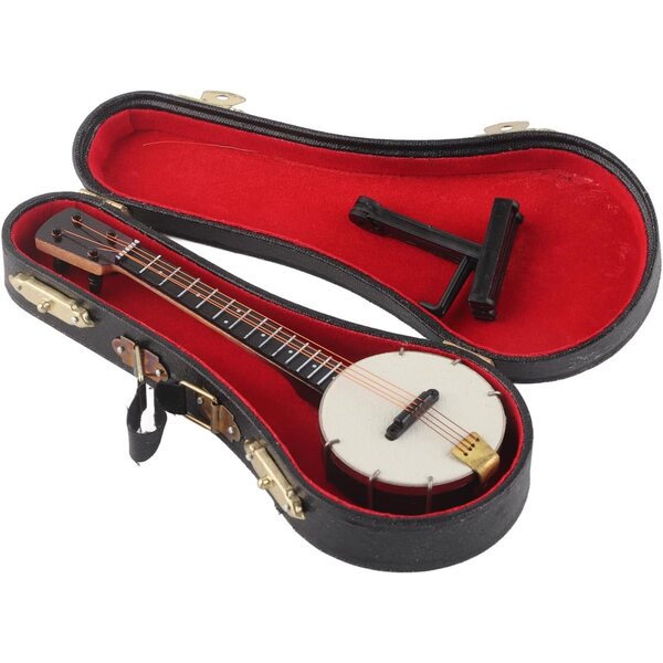 Modello Banjo in Miniatura in Legno con Supporto e Scatola, Decorazione e Giocattolo