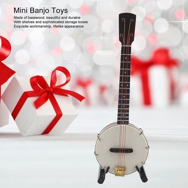 Modello Banjo in Miniatura in Legno con Supporto e Scatola, Decorazione e Giocattolo