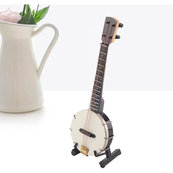 Modello Banjo in Miniatura in Legno con Supporto e Scatola, Decorazione e Giocattolo