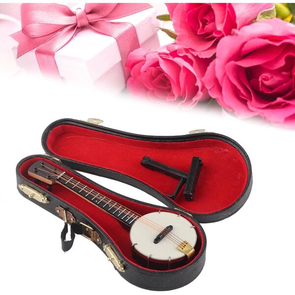 Modello Banjo in Miniatura in Legno con Supporto e Scatola, Decorazione e Giocattolo