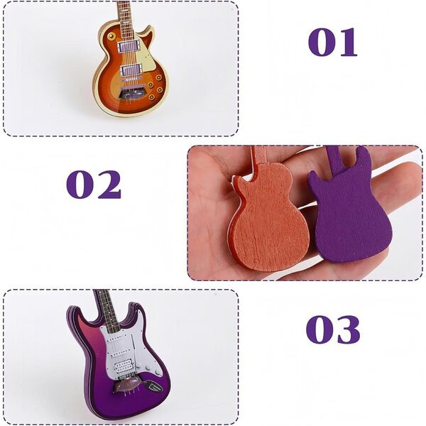 Set 4 Mini Chitarre Gonfiabili in Legno Scala 1:12 Colorate per Decorazioni Musicali