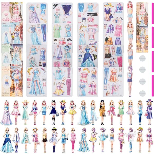 Set mit 4 magnetischen Papierpuppen für Mädchen im Alter von 4–10 Jahren, Prinzessinnenkleidern und Accessoires