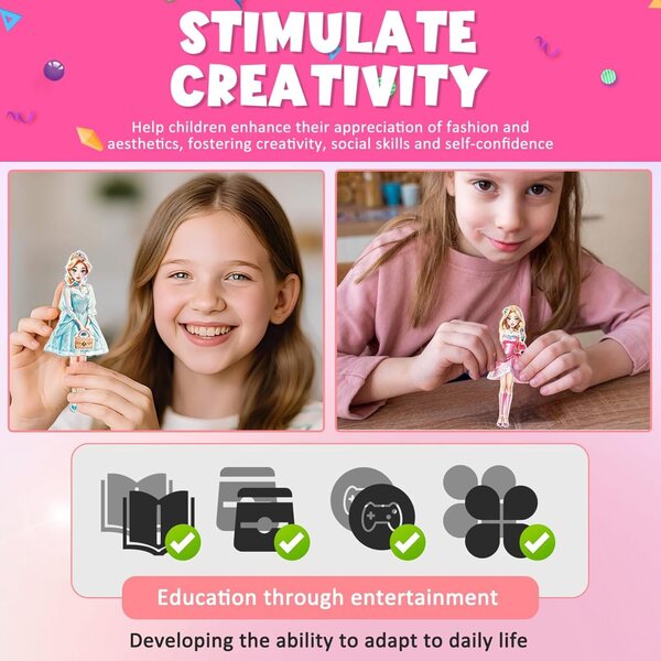 Set mit 4 magnetischen Papierpuppen für Mädchen im Alter von 4–10 Jahren, Prinzessinnenkleidern und Accessoires