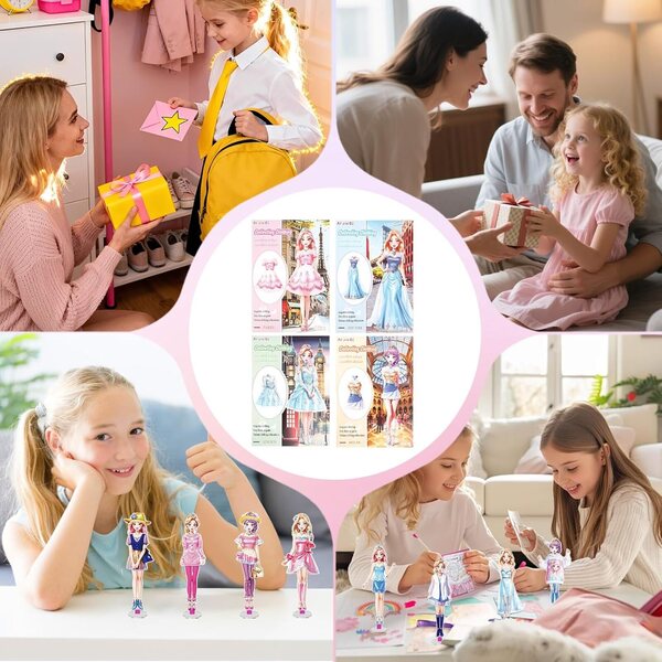 Set mit 4 magnetischen Papierpuppen für Mädchen im Alter von 4–10 Jahren, Prinzessinnenkleidern und Accessoires