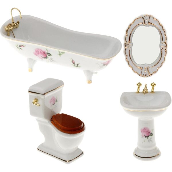 Set mobili bagno in ceramica casa delle bambole 4 pezzi con decoro floreale rosa