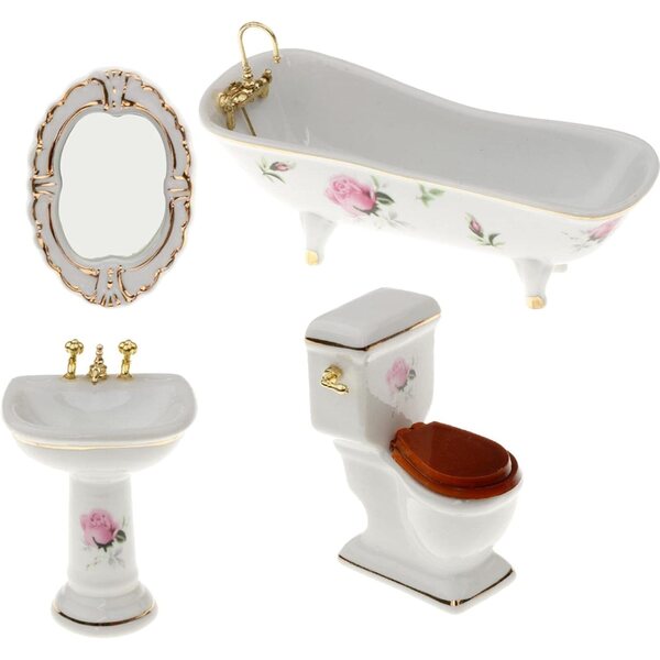 Set mobili bagno in ceramica casa delle bambole 4 pezzi con decoro floreale rosa