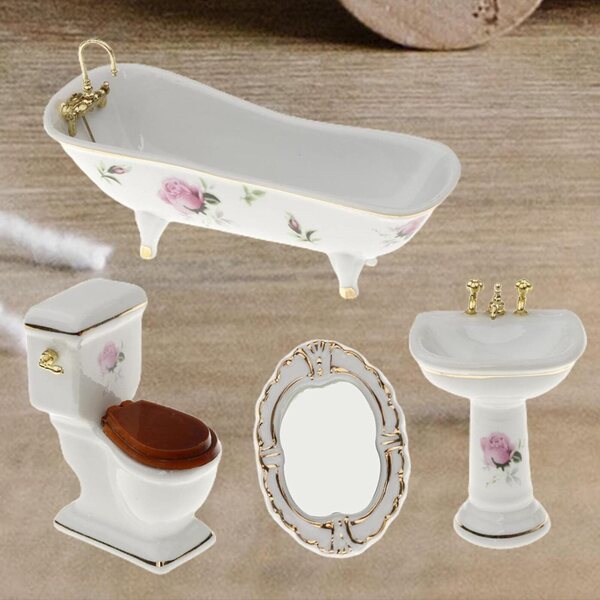 Set mobili bagno in ceramica casa delle bambole 4 pezzi con decoro floreale rosa