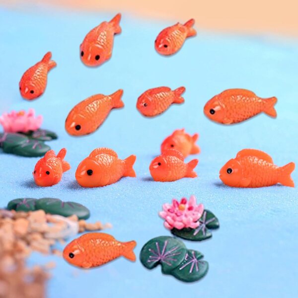 Set 16 Pesciolini in Resina per Laghetto con Fiori e Foglie di Loto Decorazioni Garden