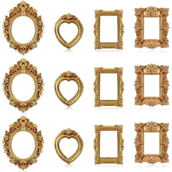 Set 12 cornici mini in resina dorata vintage per casa delle bambole e artigianato