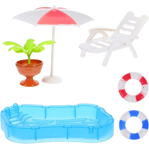 Miniatur-Schwimmbad-Zubehör-Set mit Stuhl, Regenschirm und Rettungsring für Puppenhaus