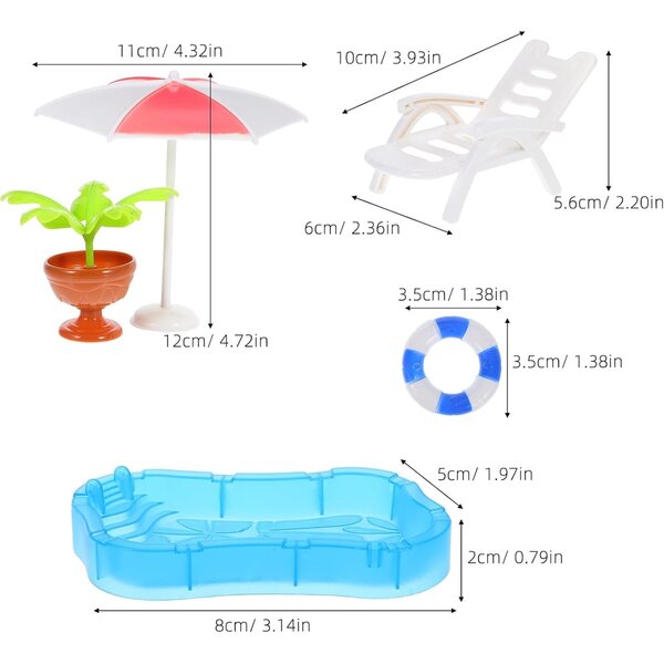 Miniatur-Schwimmbad-Zubehör-Set mit Stuhl, Regenschirm und Rettungsring für Puppenhaus